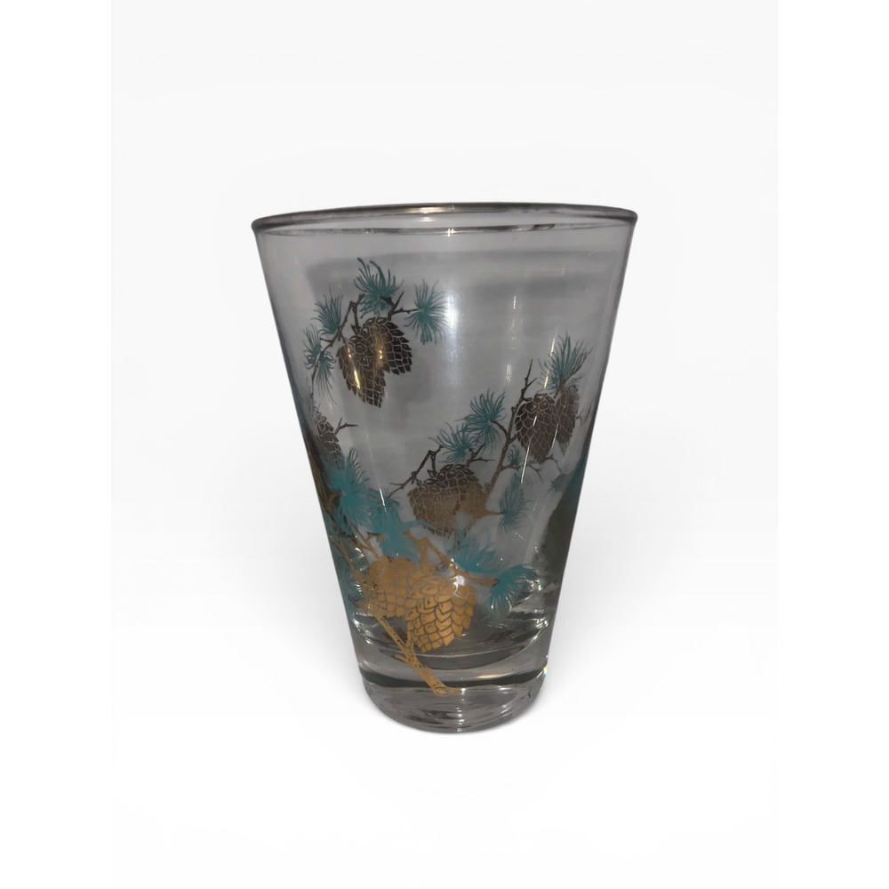 Vtg Libbey Pinecone Glass Tumbler Gold Turquoise Mid Century Modern Barware 5.5"